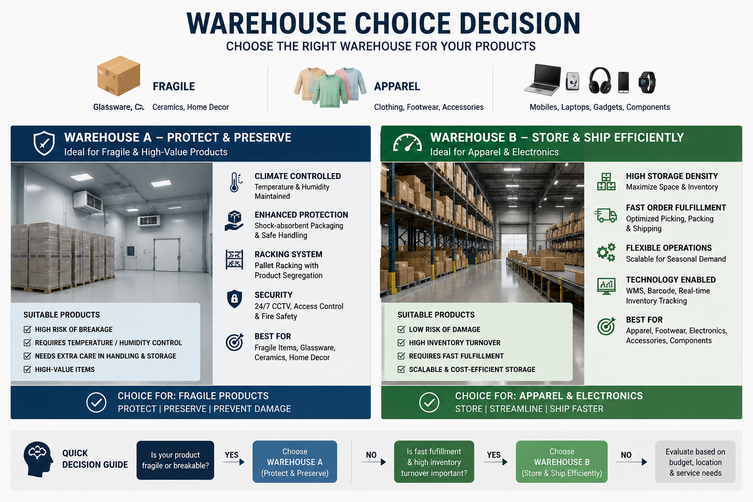Warehouse selection for fragile, apparel, and electronics products.