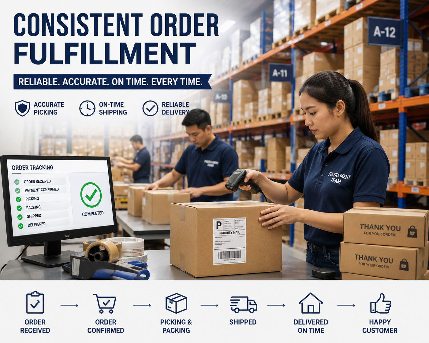 Reliable warehouse ensuring consistent order fulfillment and accurate, on-time shipping.