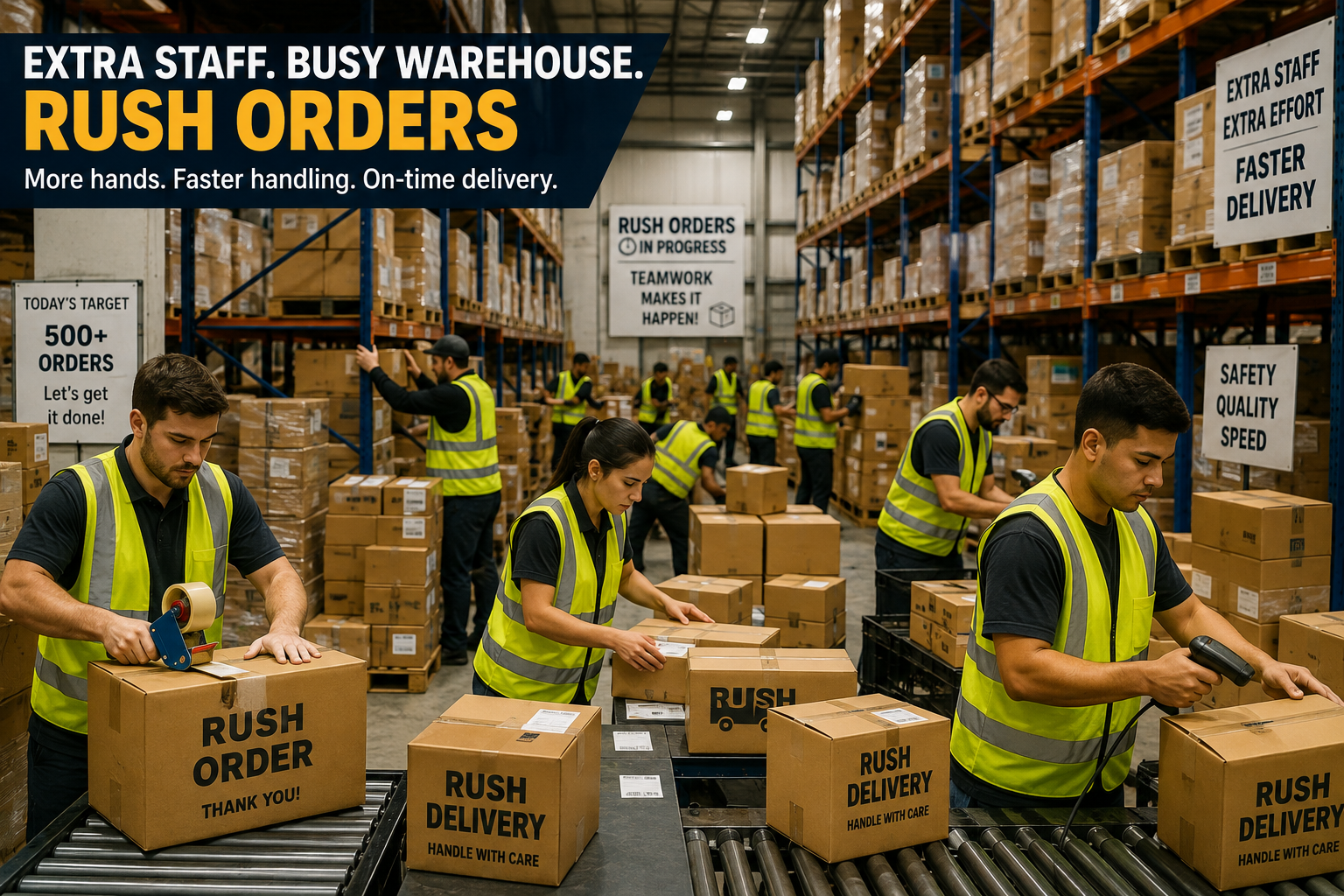 Warehouse staff handling rush orders during peak demand
