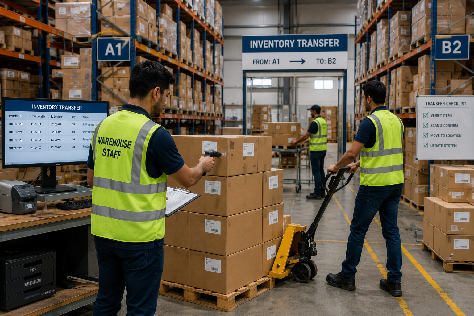 Warehouse staff moving inventory boxes during a fulfillment transfer.