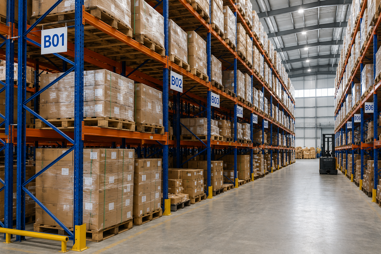 Warehouse pallets and packaged goods stored on organized storage racks.
