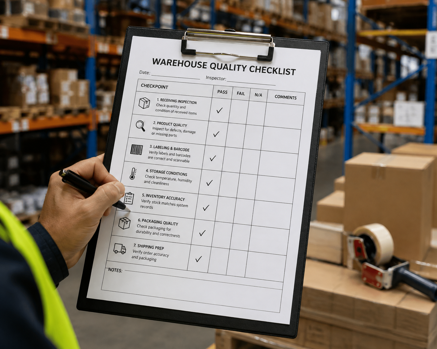 Warehouse worker reviewing a quality checklist on a clipboard during product inspection.