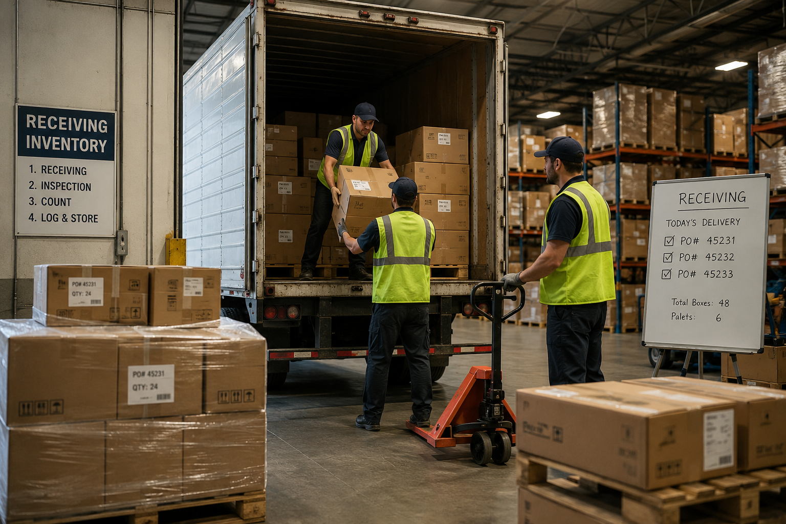 Warehouse workers unloading inventory boxes during the receiving process at a fulfillment facility.