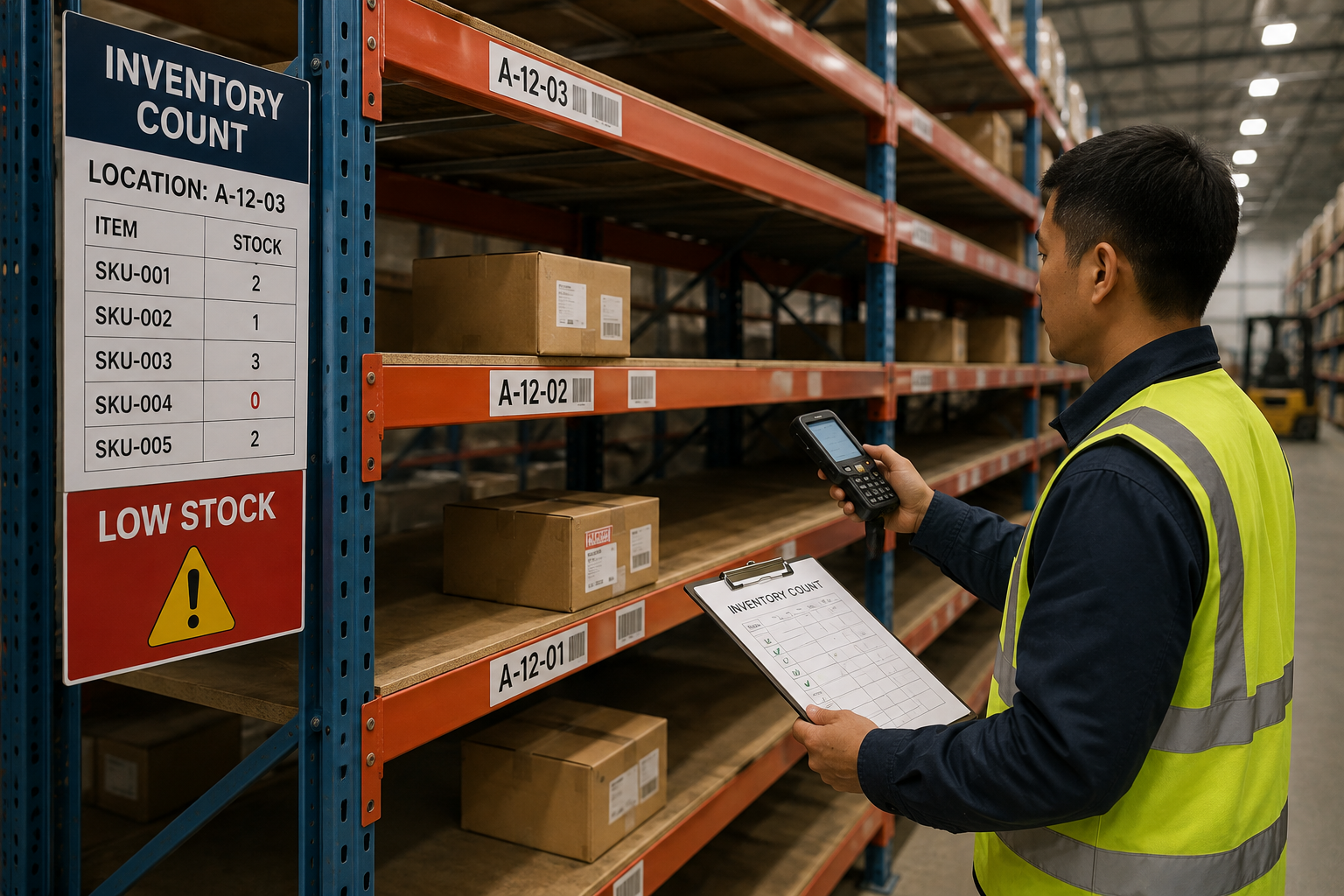 Warehouse shelves showing low-stock inventory levels during a product count.