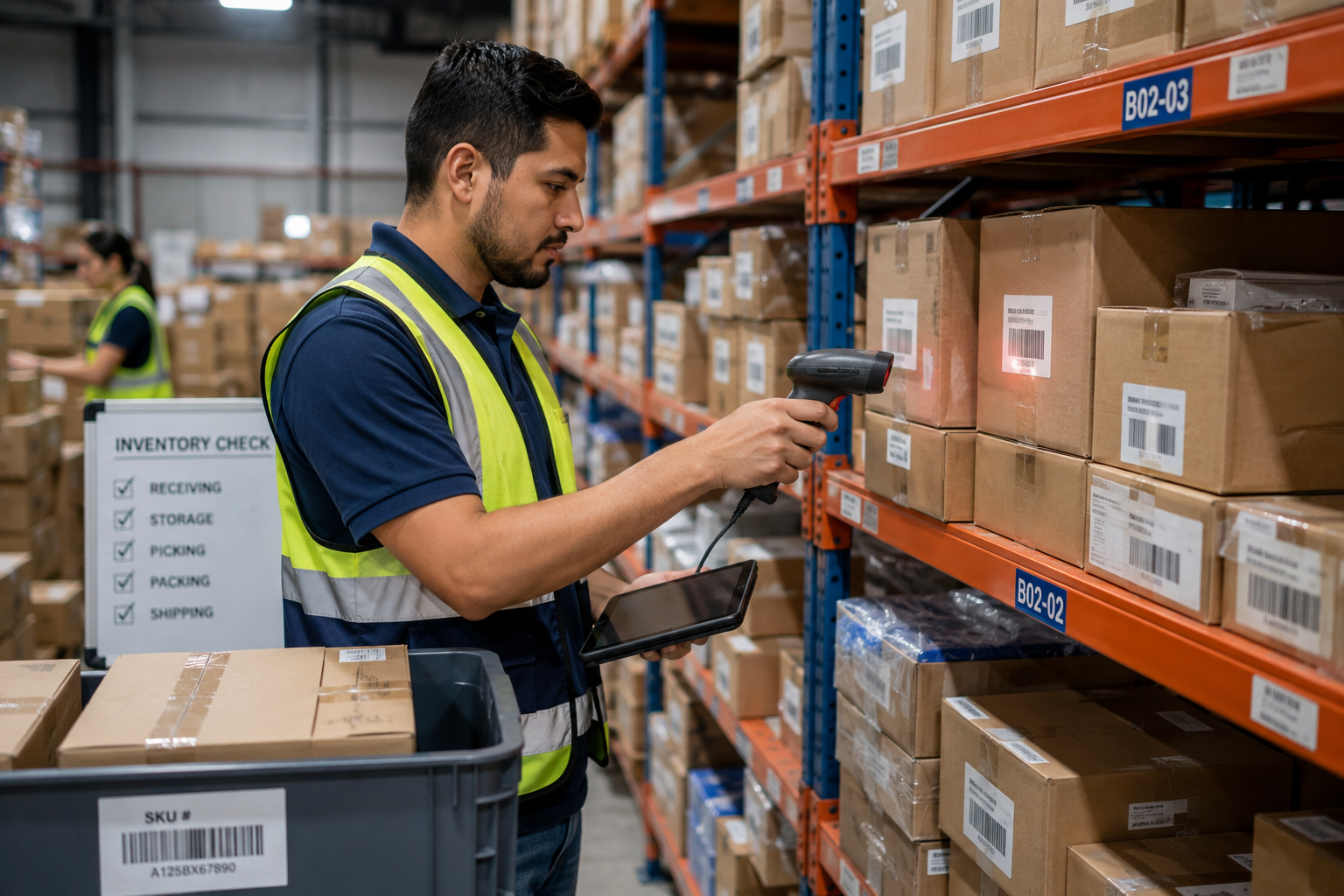 Warehouse staff scanning barcodes to track and manage inventory.