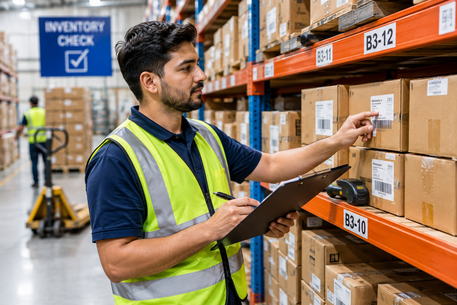 Warehouse worker checking inventory levels on storage shelves.