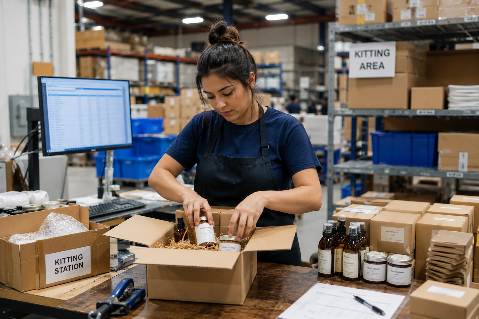 Warehouse worker packing and kitting multiple products into a bundled customer order.
