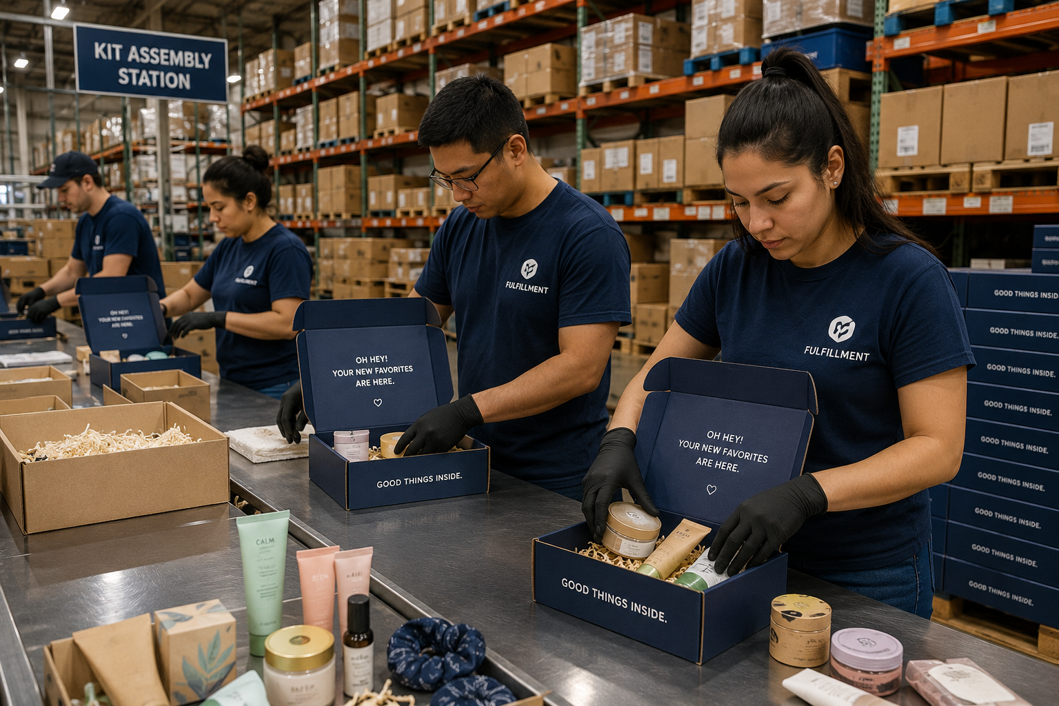 Warehouse workers assembling kit boxes with products at a fulfillment packing station.