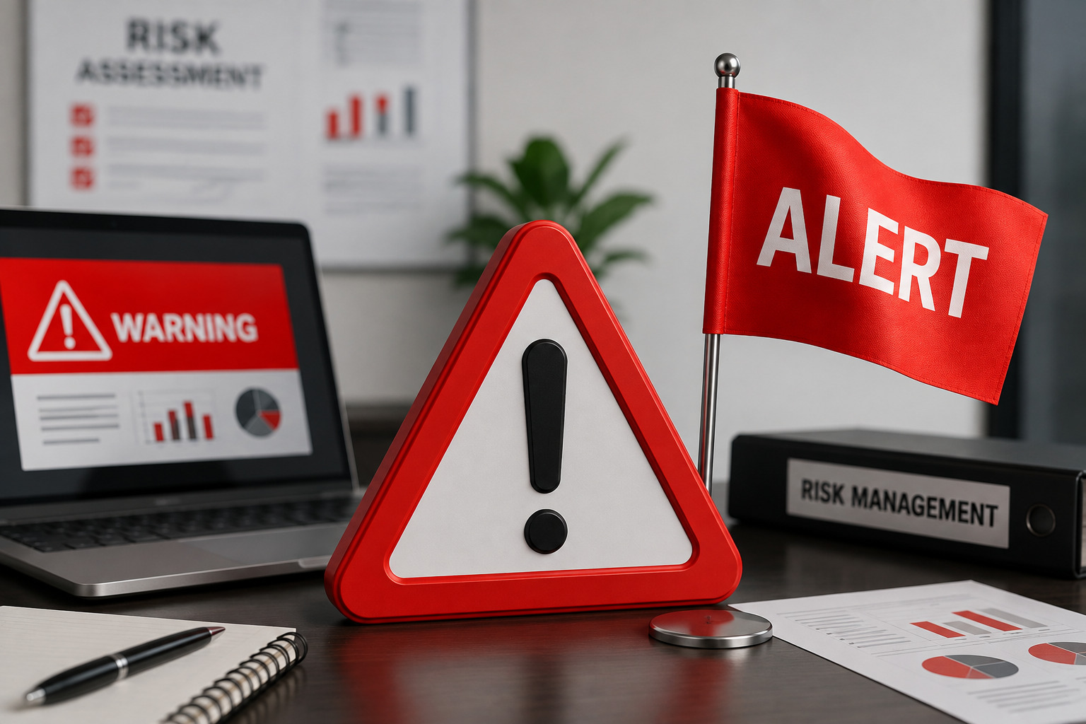 Business warning sign with red alert flag and risk management concept.
