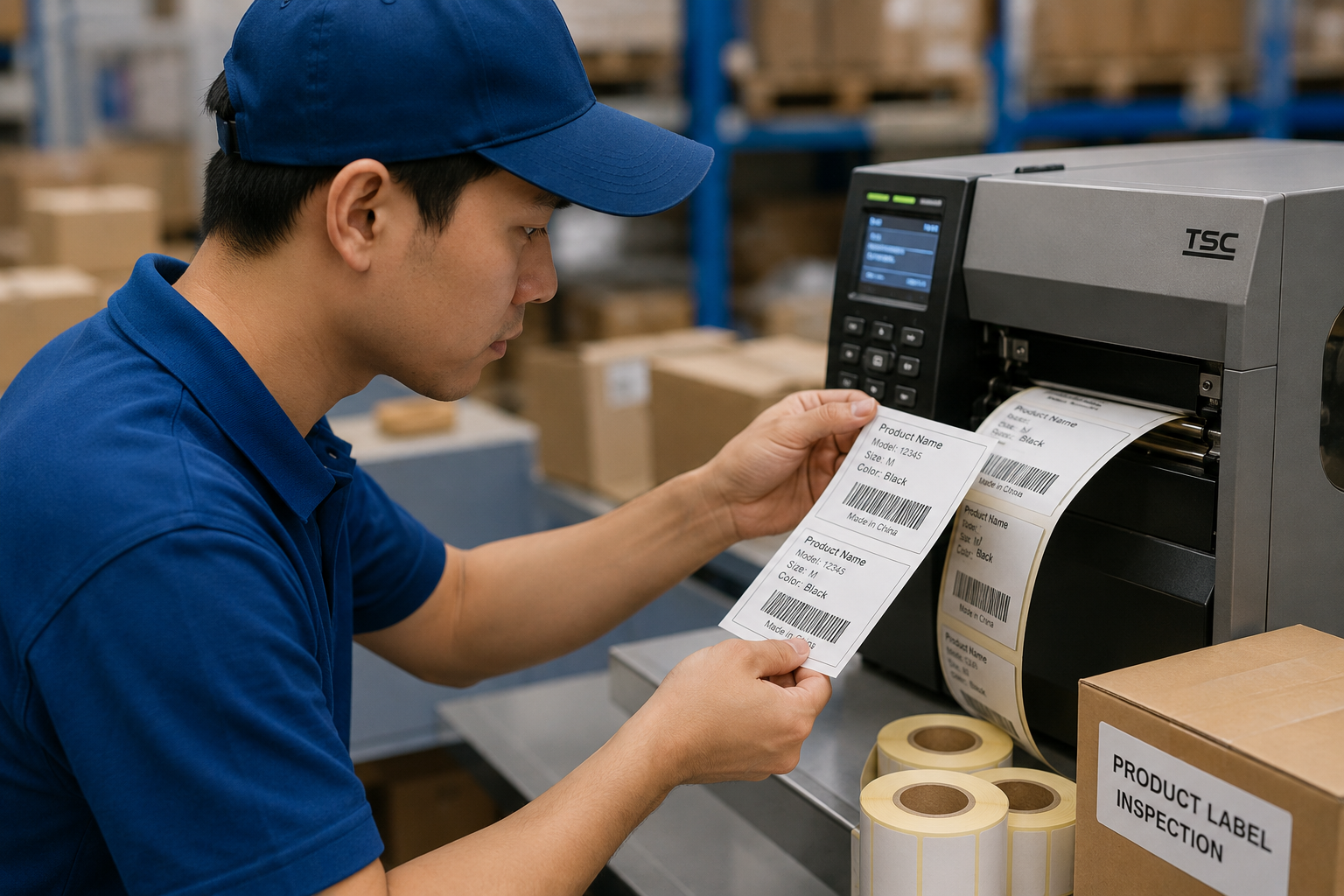 Worker inspecting product labels and checking printed packaging for compliance.