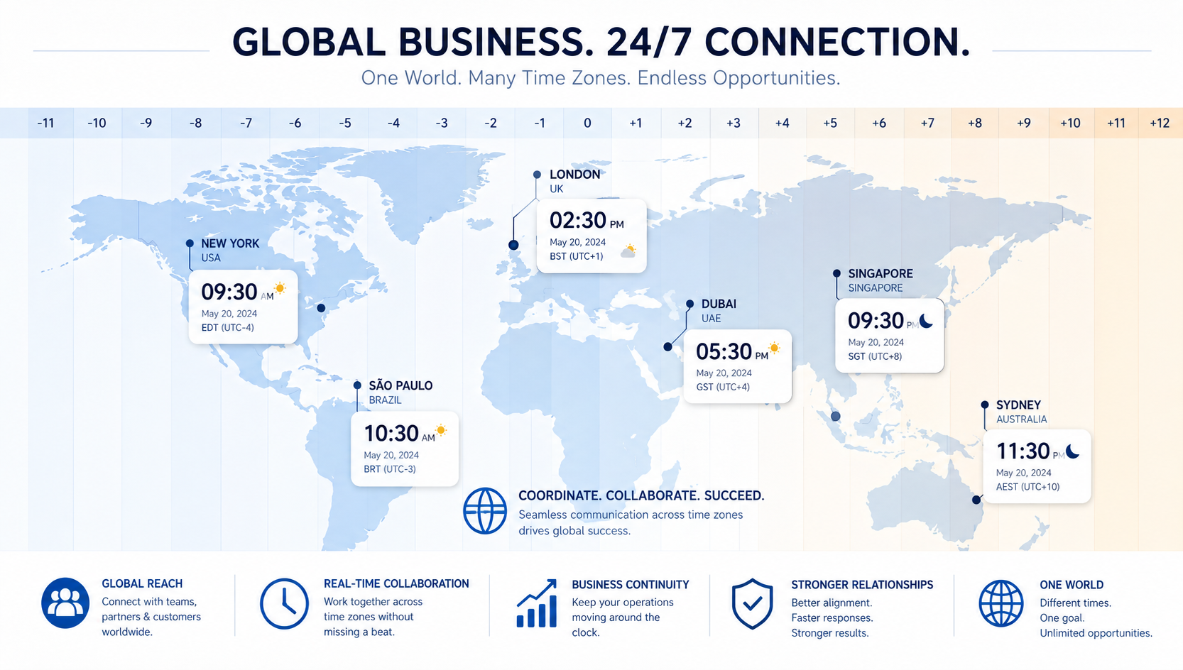 World clock showing global time zones for international business operations.