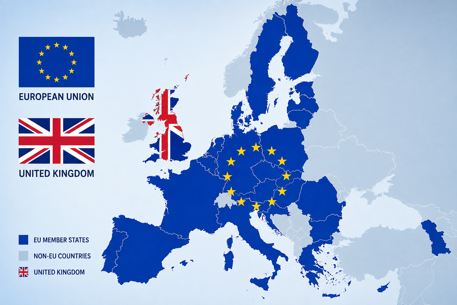 EU and UK flags displayed on a map of Europe.