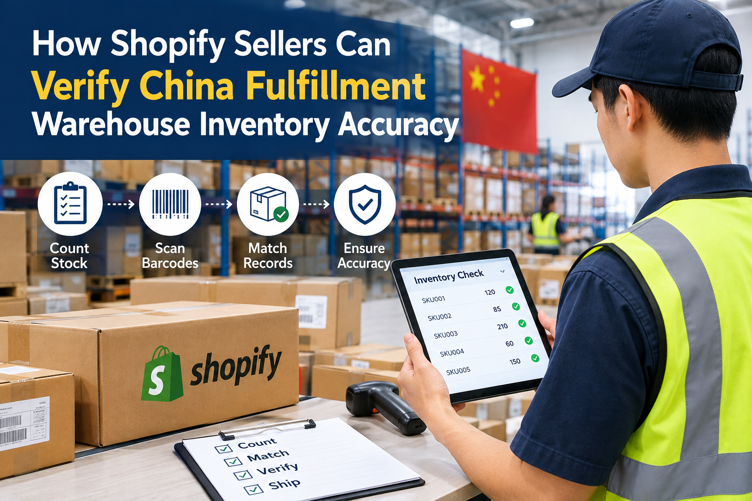 Shopify seller verifying inventory accuracy at a China fulfillment warehouse.