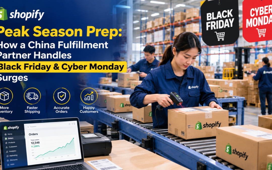 China fulfillment warehouse preparing Shopify orders for Black Friday and Cyber Monday peak season surges
