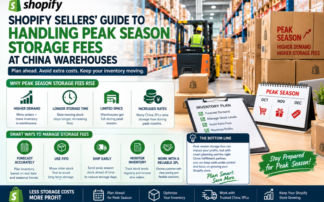 Shopify sellers managing peak season storage fees at a China warehouse.