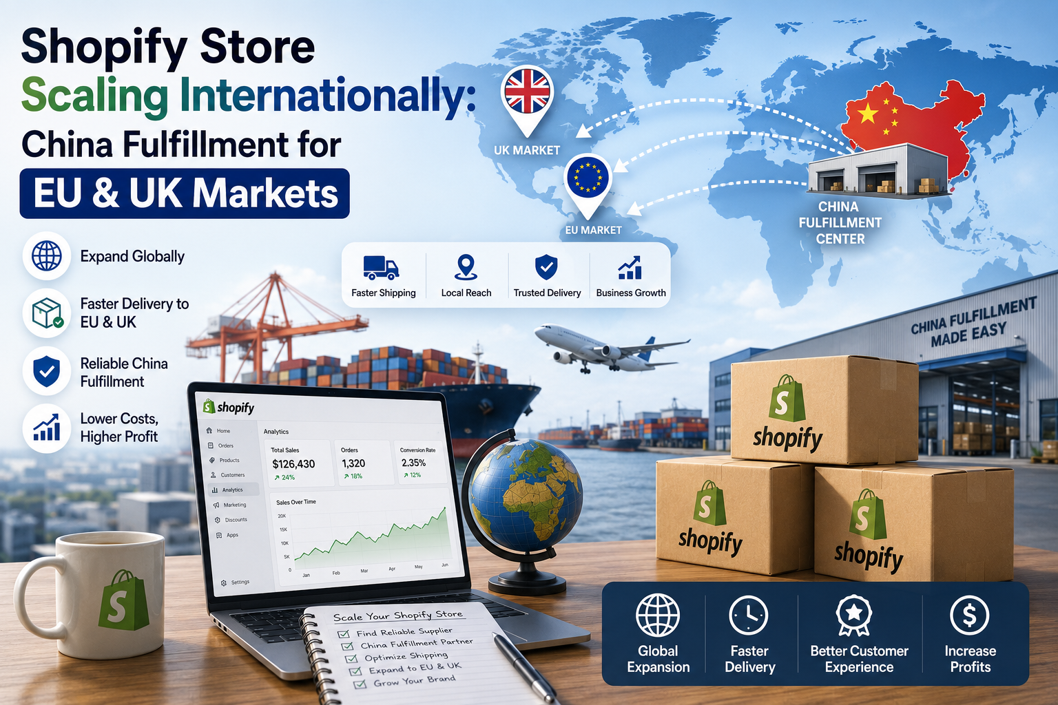Shopify store scaling internationally with China fulfillment for EU and UK markets.
