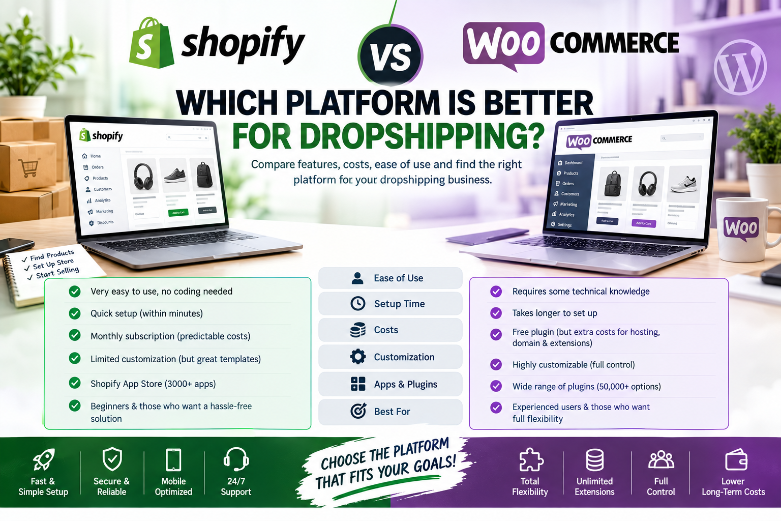 Shopify vs WooCommerce comparison for dropshipping platforms