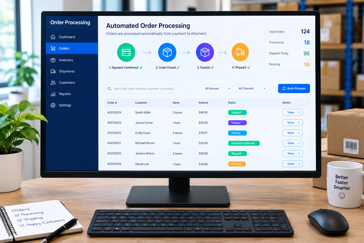 Automated order processing system displayed on a computer screen
