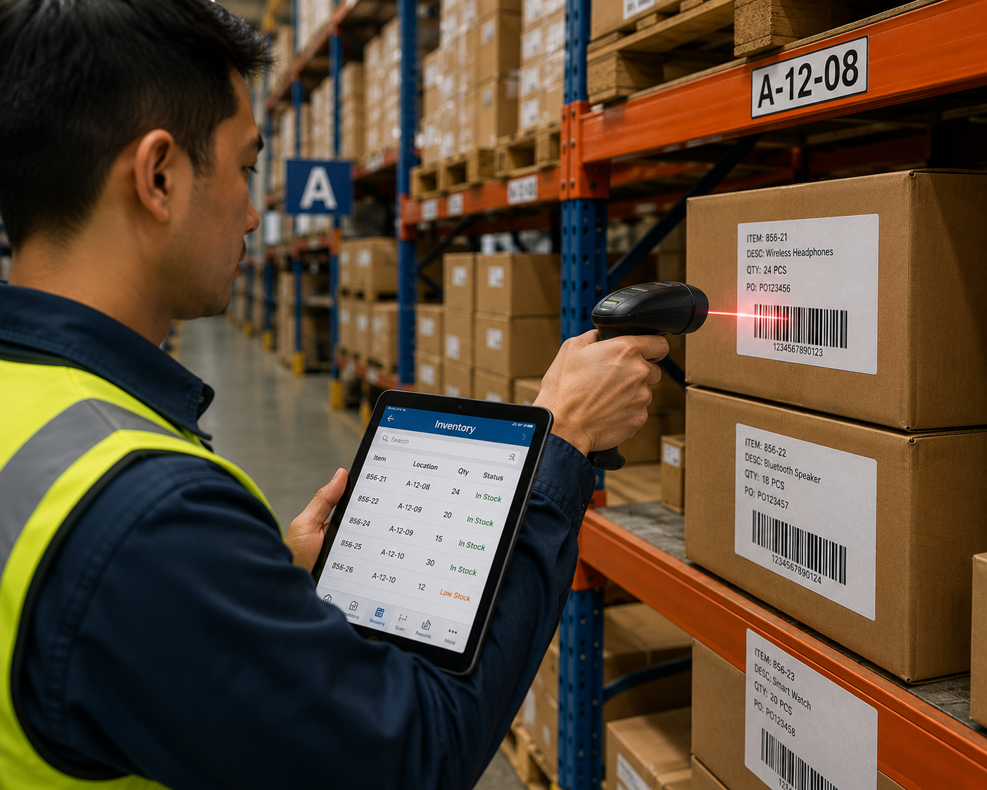Barcode scanning for accurate warehouse inventory tracking and product stock management.
