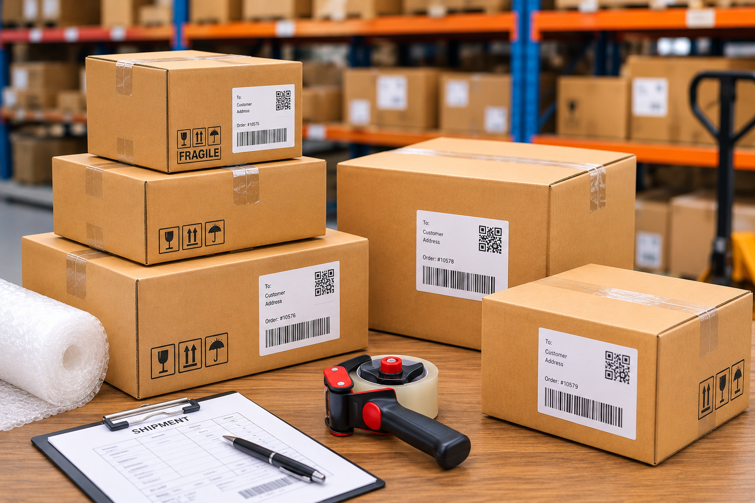 Cardboard boxes and shipping packages prepared for delivery.