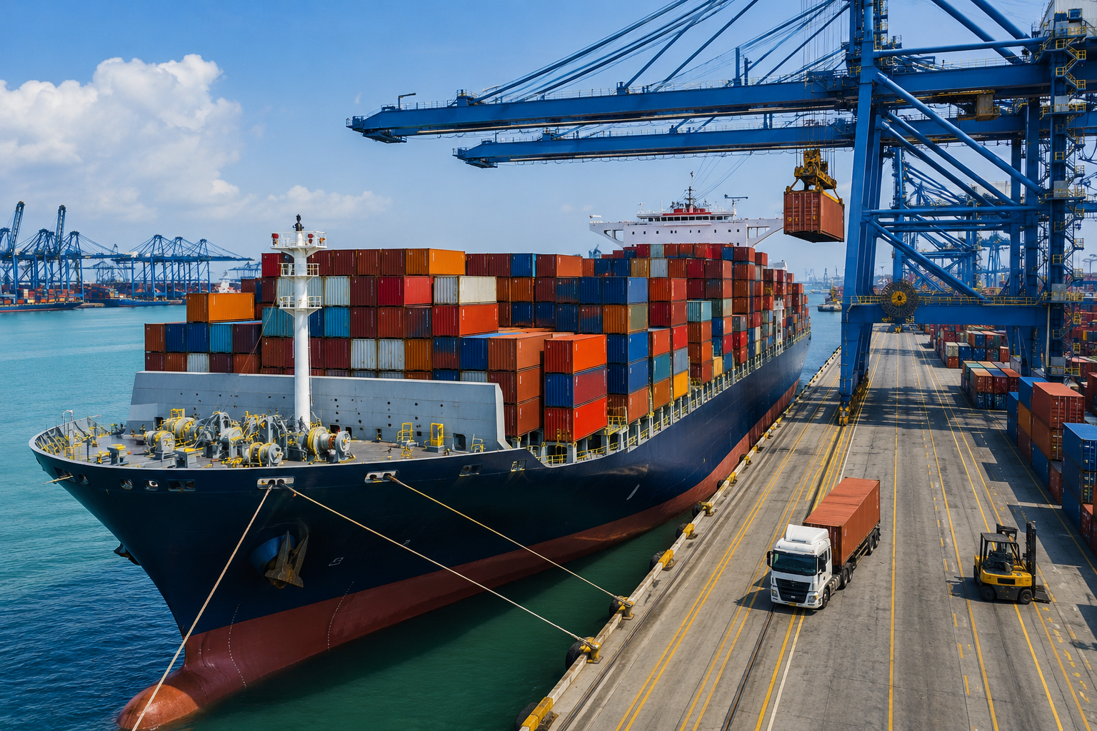 Cargo ship at a busy port loading shipping containers for international freight transport.