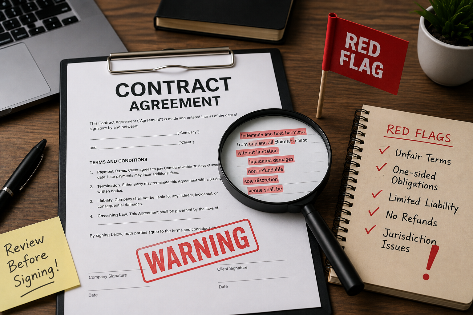 Contract document with a warning red flag highlighting potential risks
