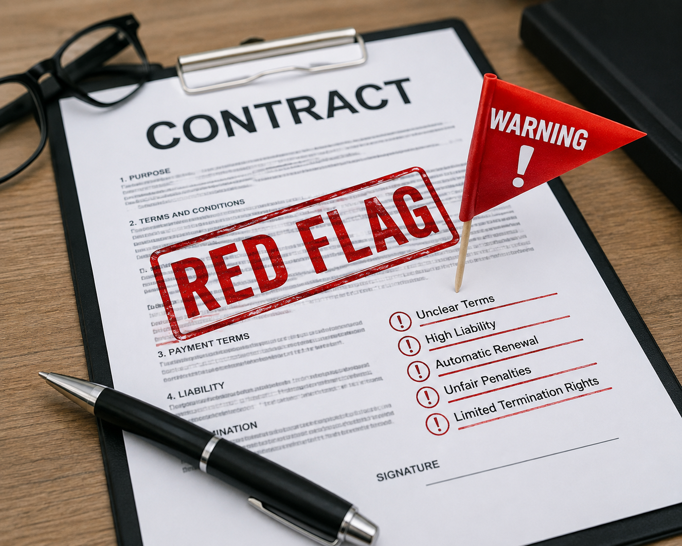 Contract warning red flag highlighting potential risks and issues in an agreement.