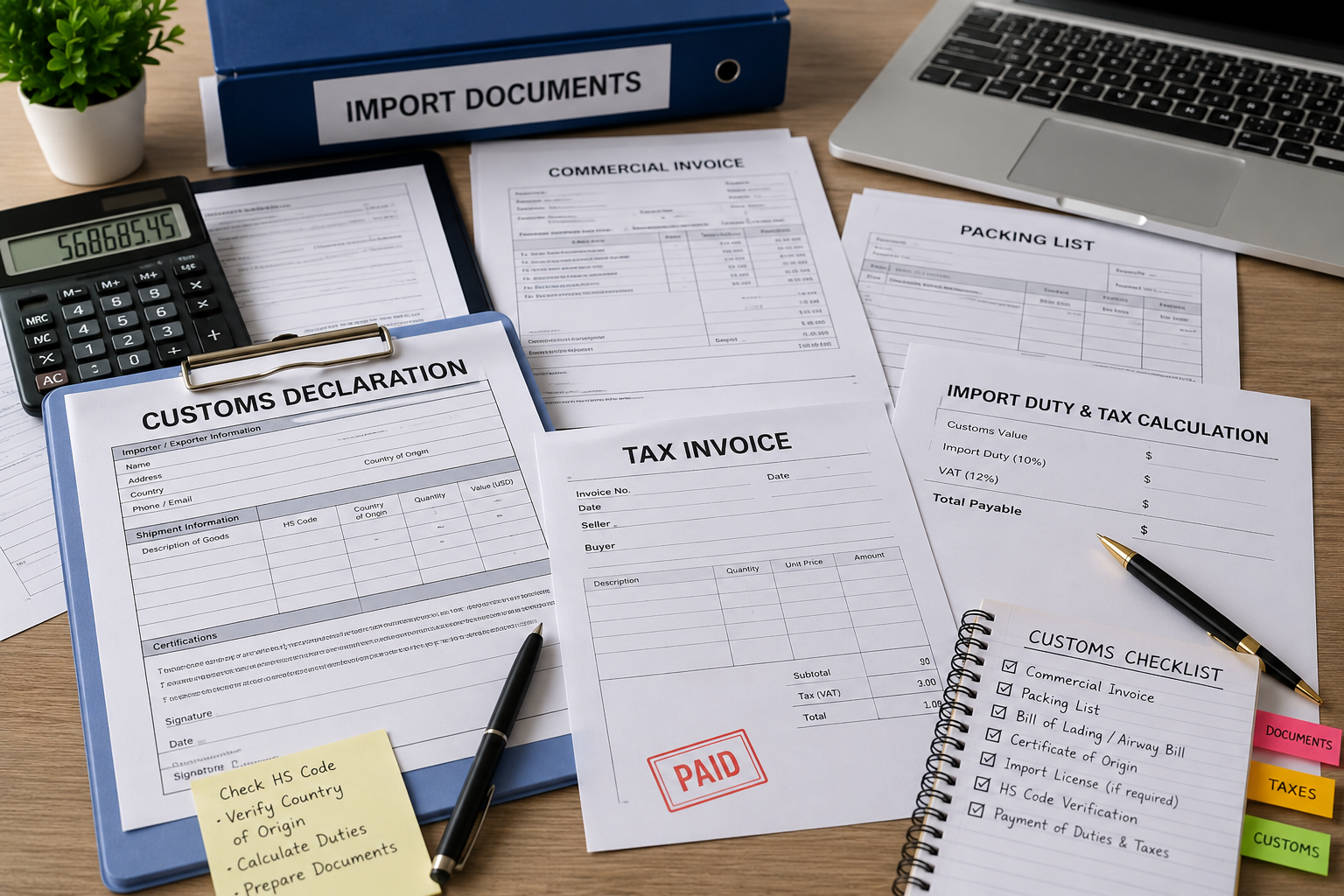 Customs paperwork and tax documents arranged on a desk.