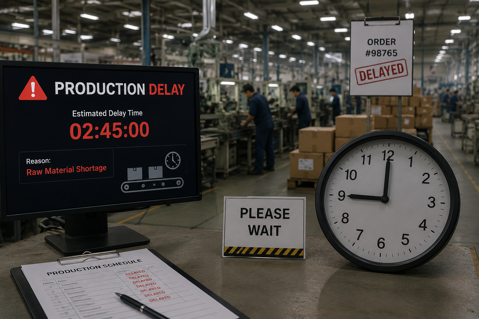 Factory production delay with a clock symbol showing waiting and manufacturing delays.