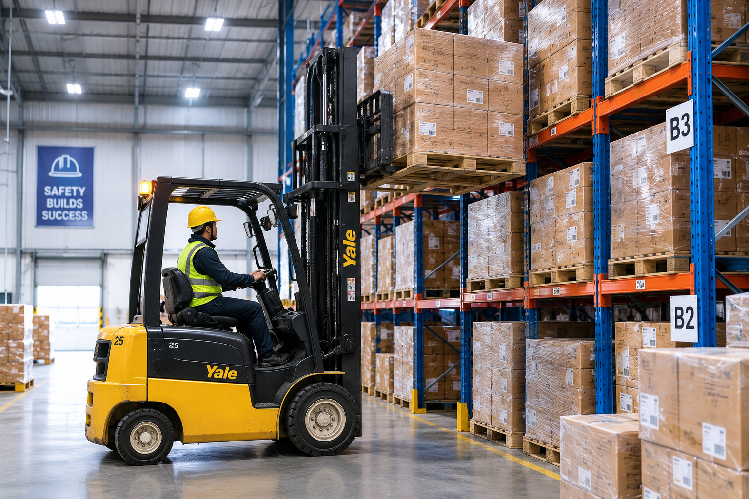 Forklift stacking pallets of goods in an organized warehouse storage area