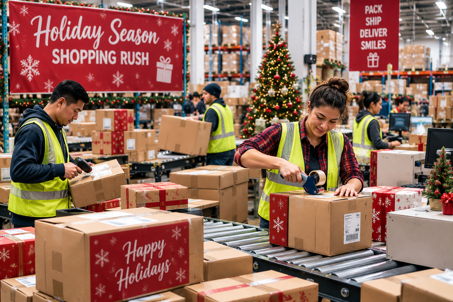 Holiday season shopping rush with boxes ready for shipping.