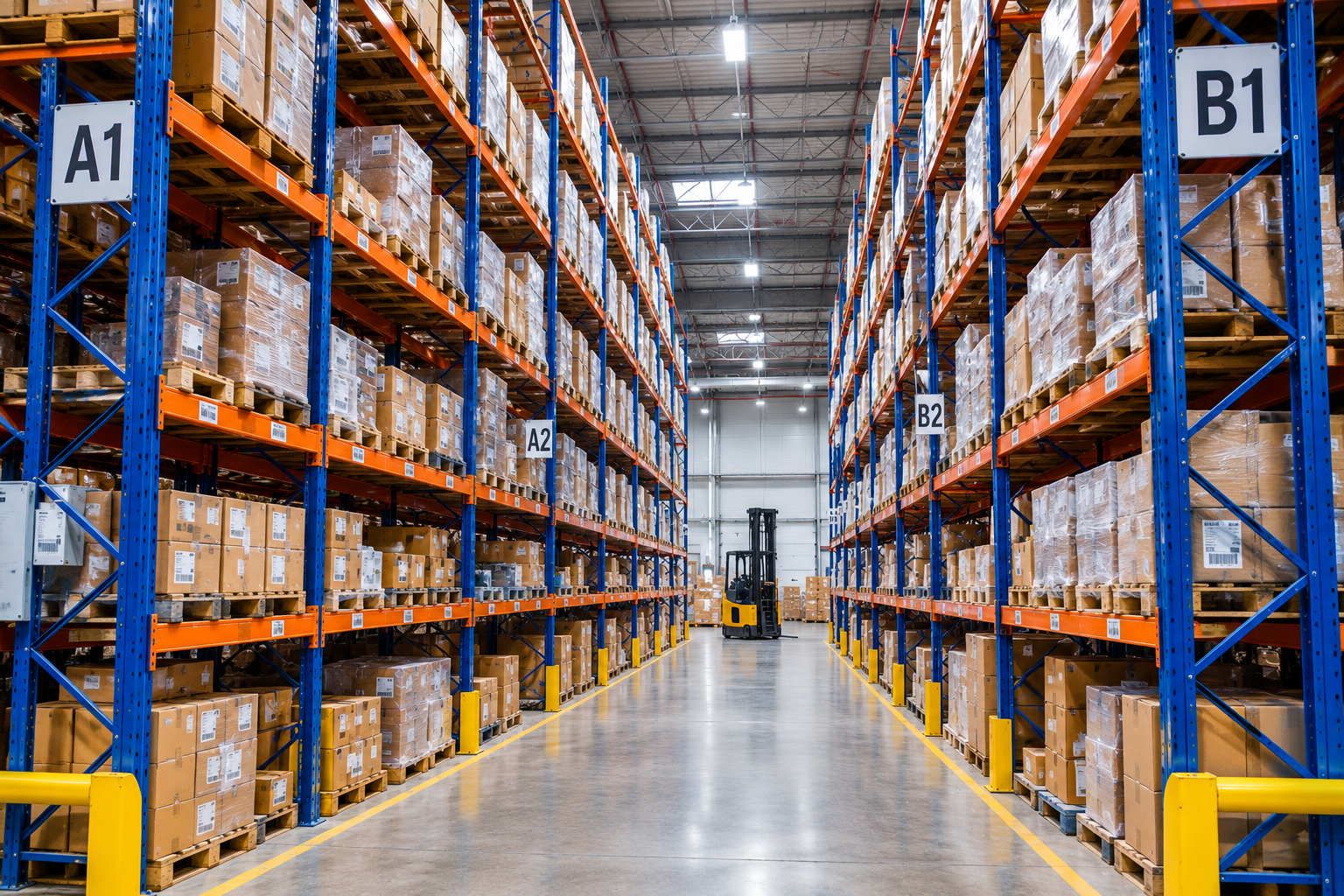 Tall shelving units filled with inventory inside an industrial warehouse