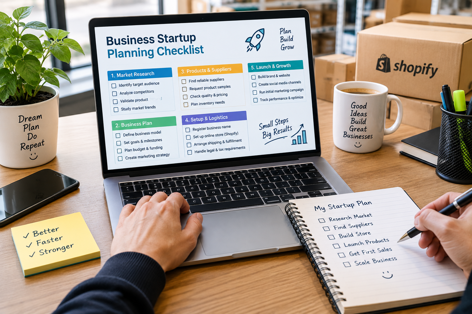 Laptop with business startup planning checklist on a desk