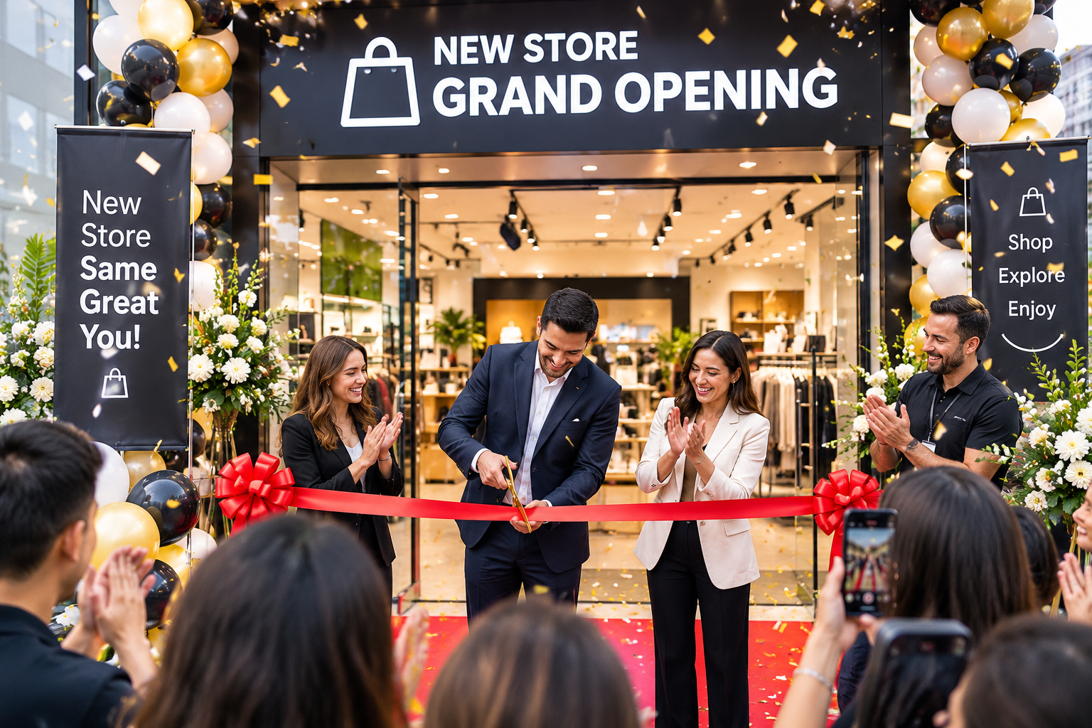 New store opening celebration with launch event decorations and happy customers