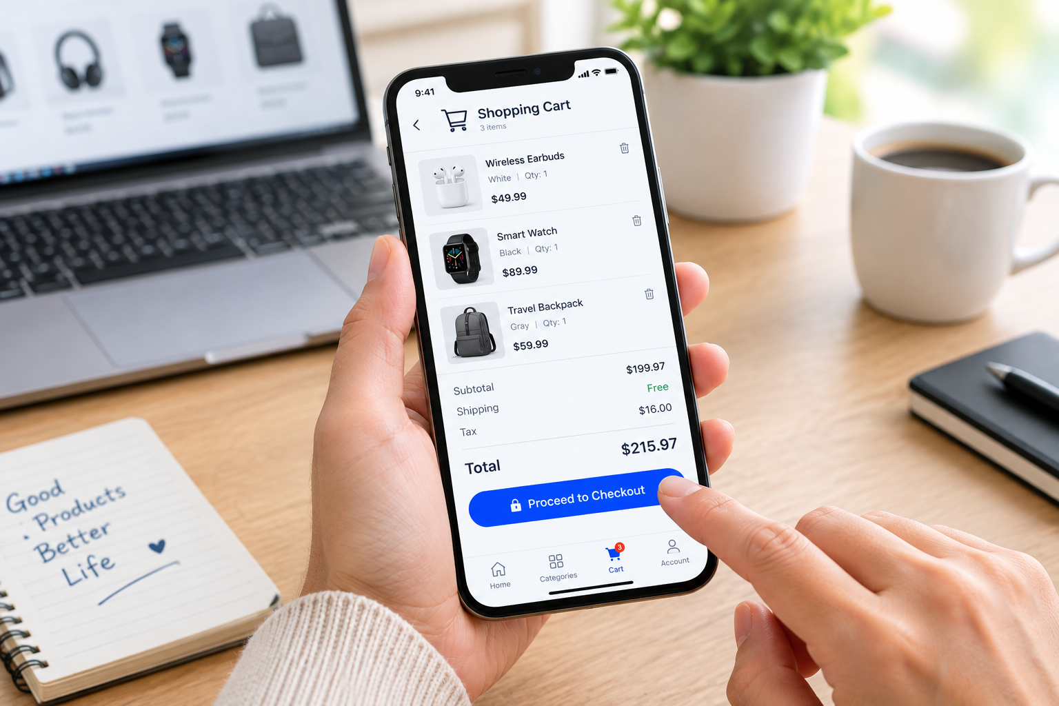 Online shopping cart checkout on a mobile phone