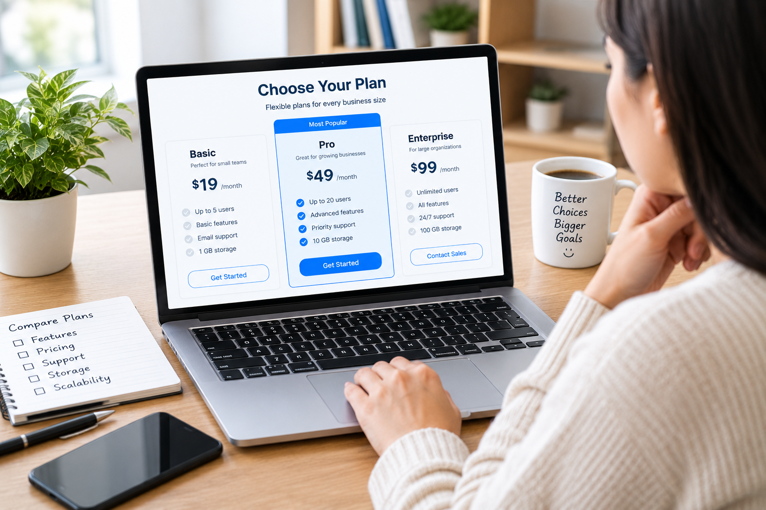 Person comparing pricing plans on a laptop screen