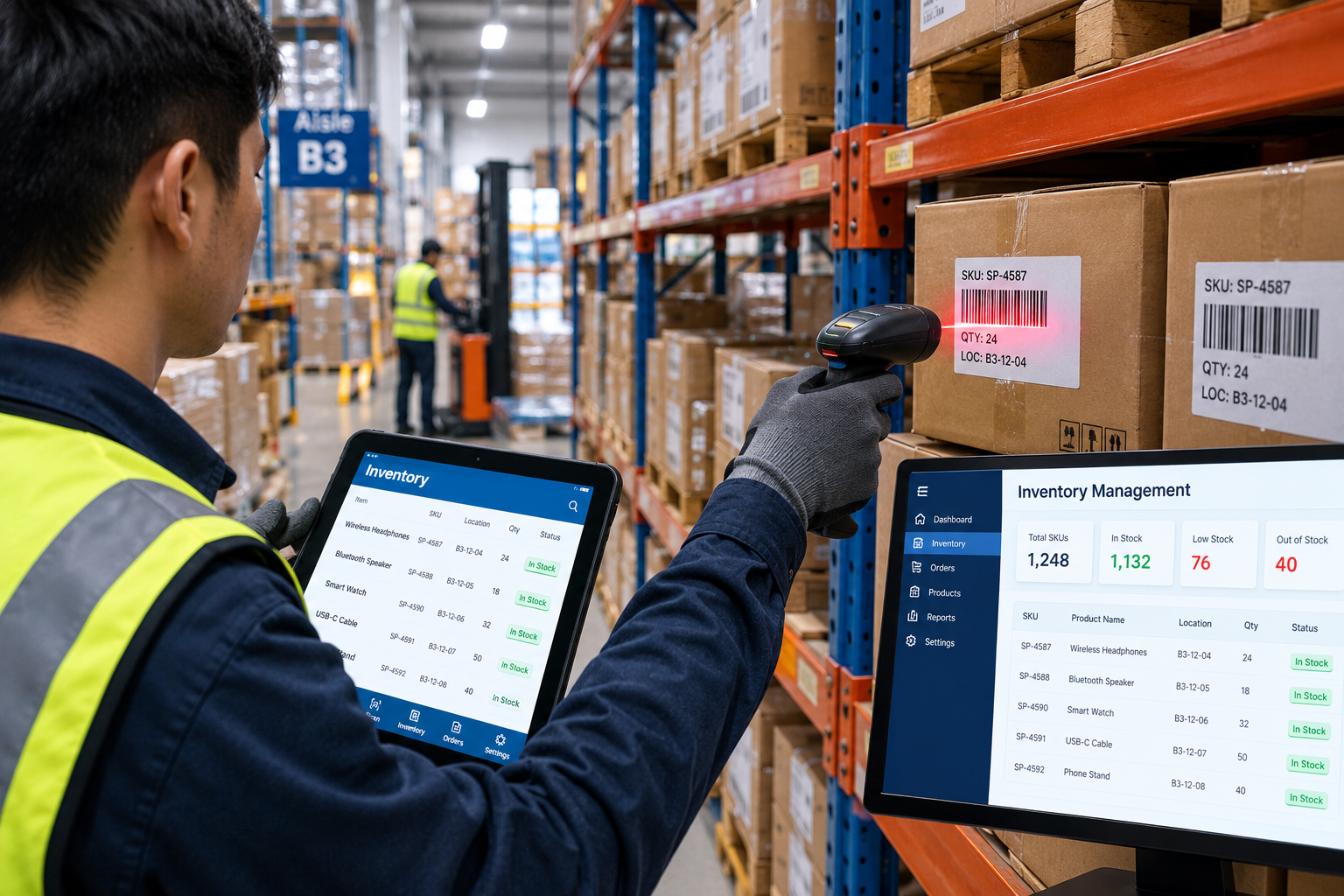Warehouse worker using a barcode scanner for inventory management.