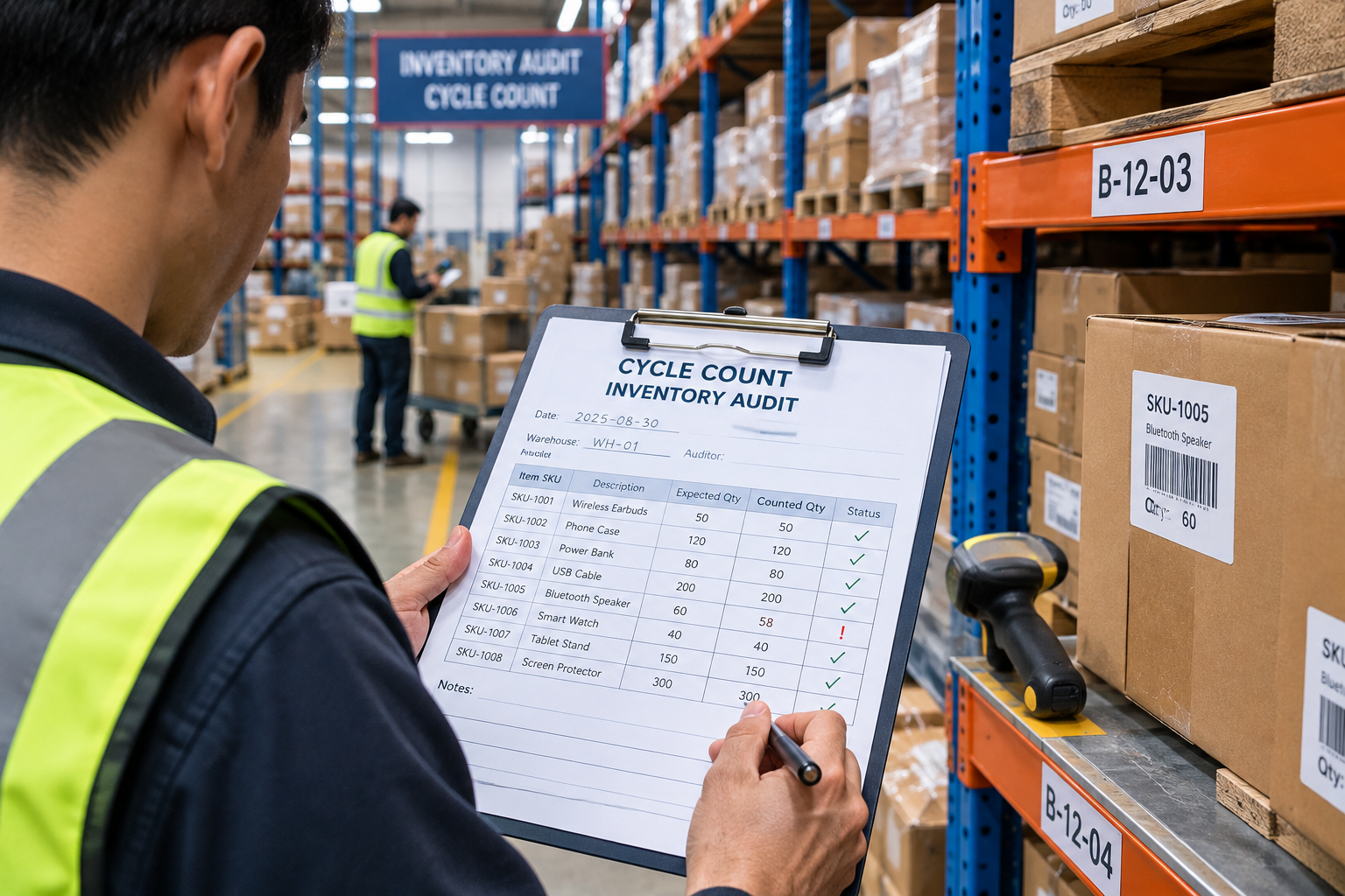 Warehouse worker conducting a cycle count inventory audit with a clipboard.