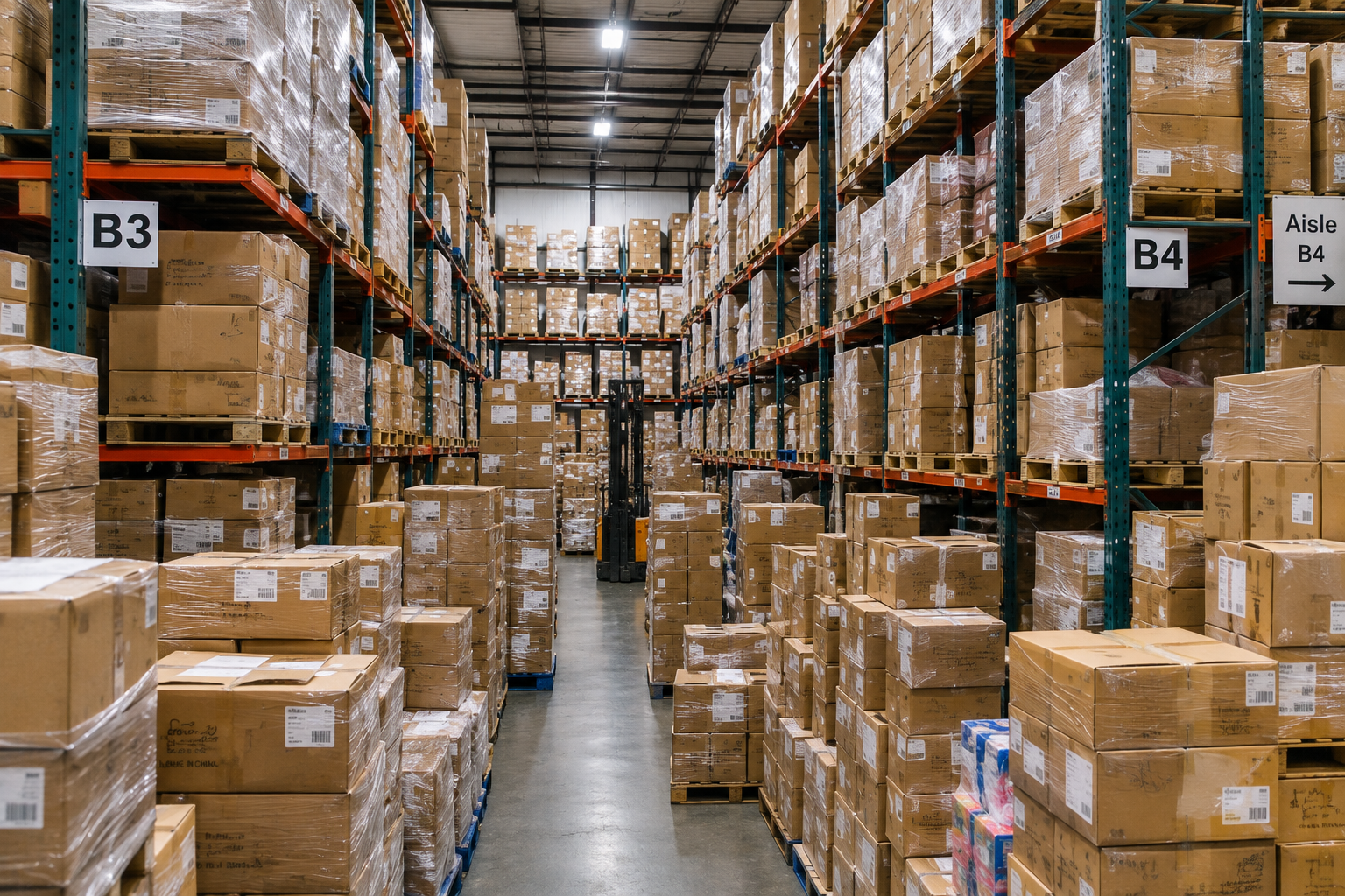 Crowded warehouse storage area filled with stacked boxes.