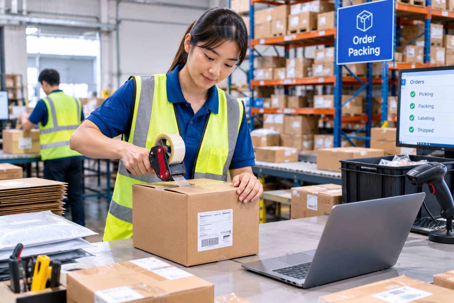 Warehouse worker packing customer orders into shipping boxes
