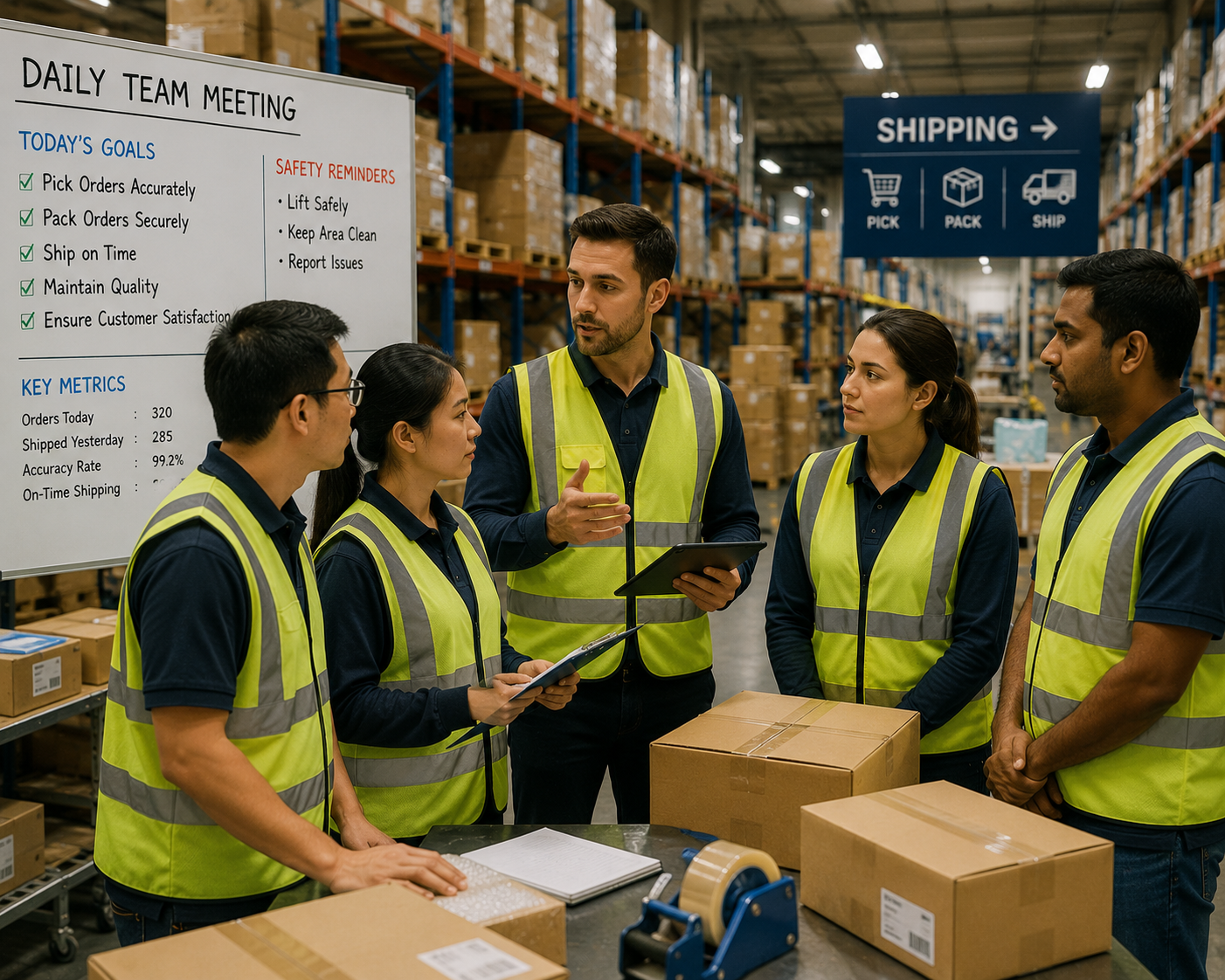 Warehouse workers team meeting and receiving instructions.