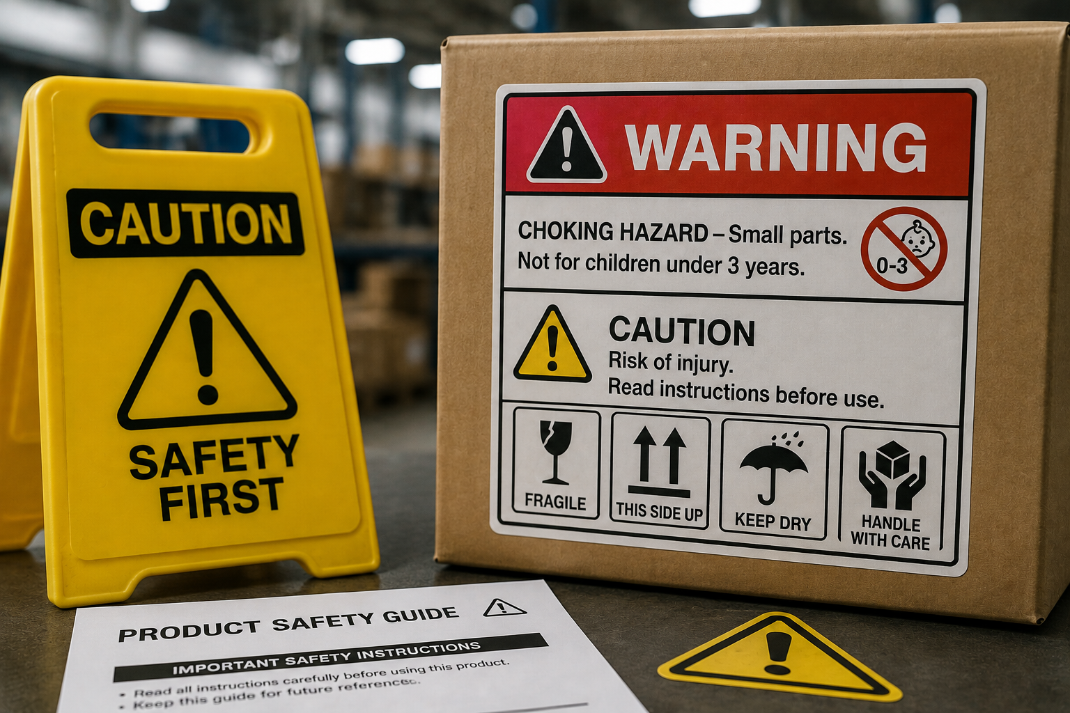 Warning caution sign for product safety and handling instructions.