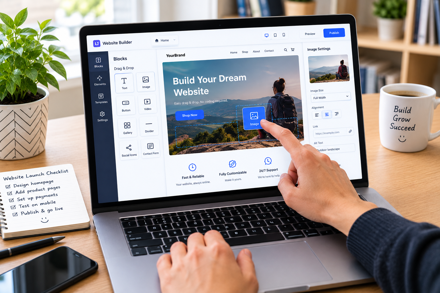 Website builder with drag-and-drop editor for easy website design and customization.