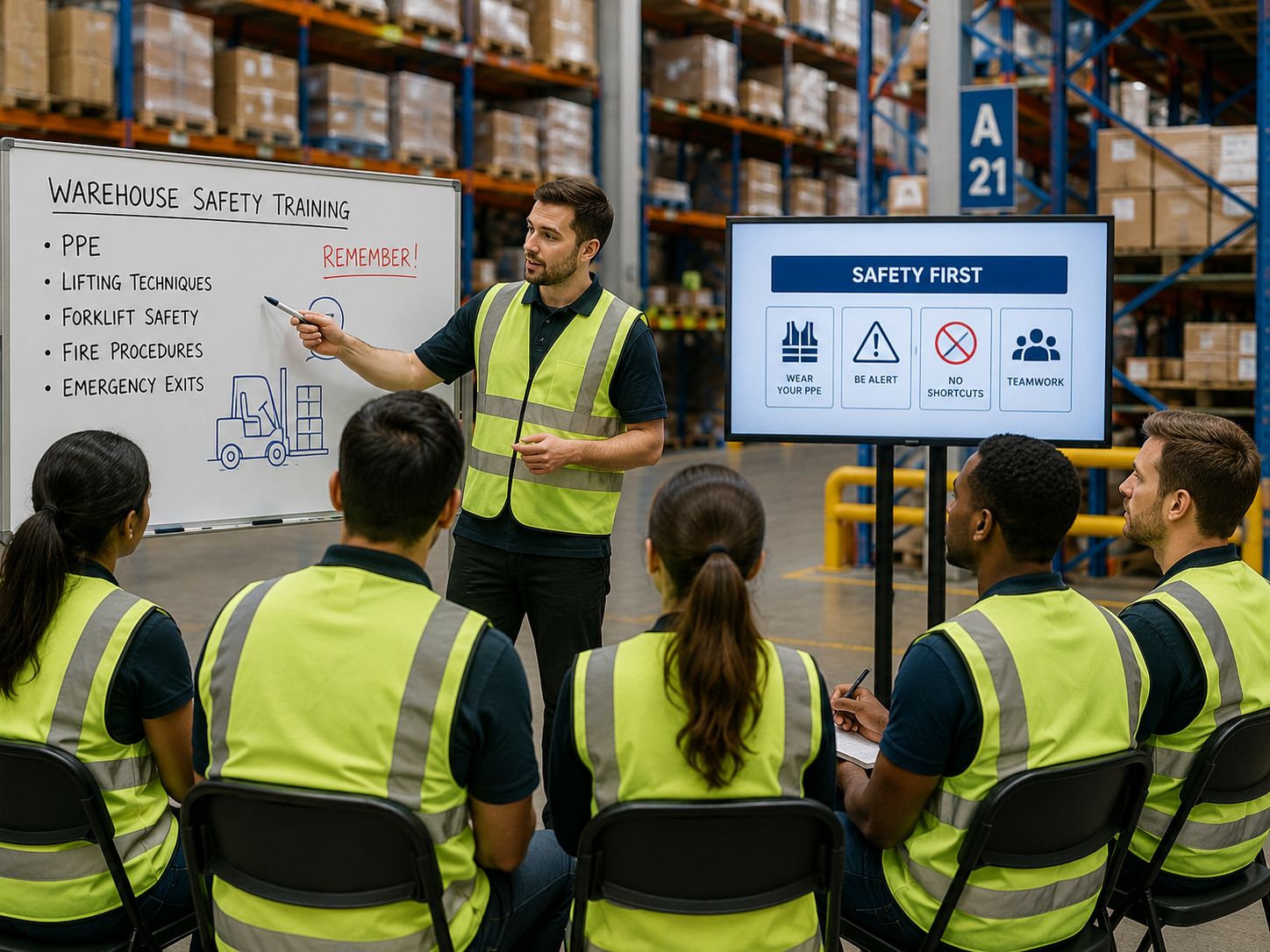 Warehouse worker training session on the warehouse floor.