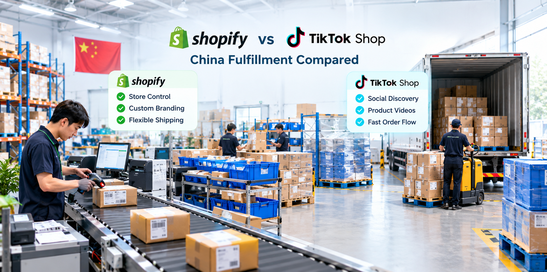 Parcels sorted at a China fulfillment warehouse for international shipping