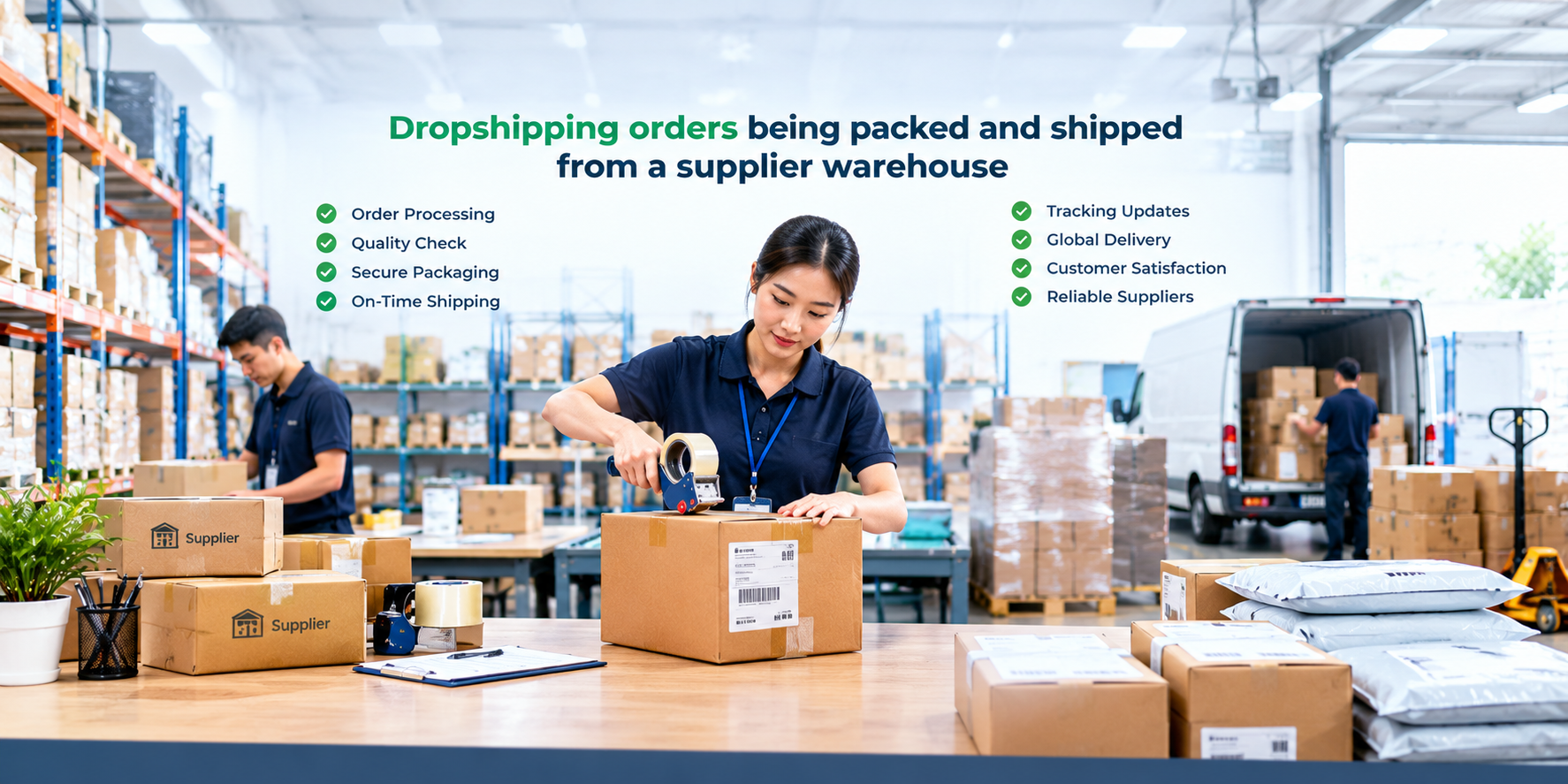 Dropshipping orders being packed and shipped from a supplier warehouse