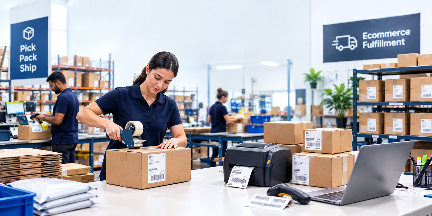 Packages being packed and labeled at an ecommerce fulfillment warehouse