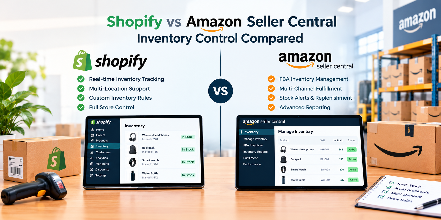 Shopify vs Amazon Seller Central inventory control compared