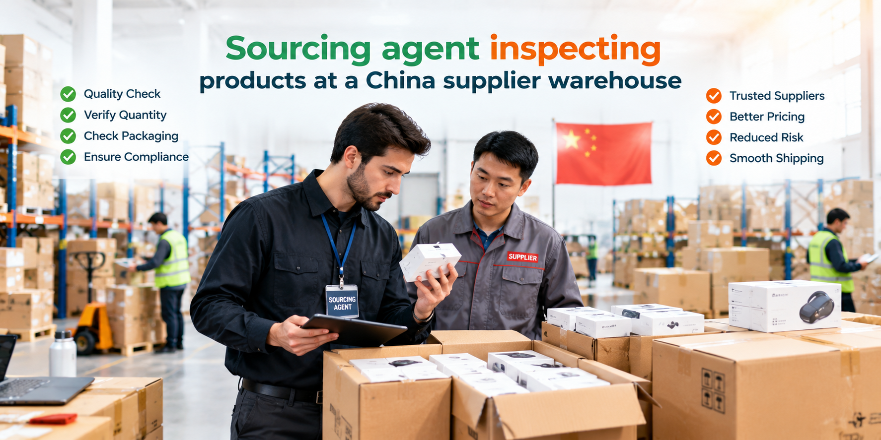Sourcing agent inspecting products at a China supplier warehouse